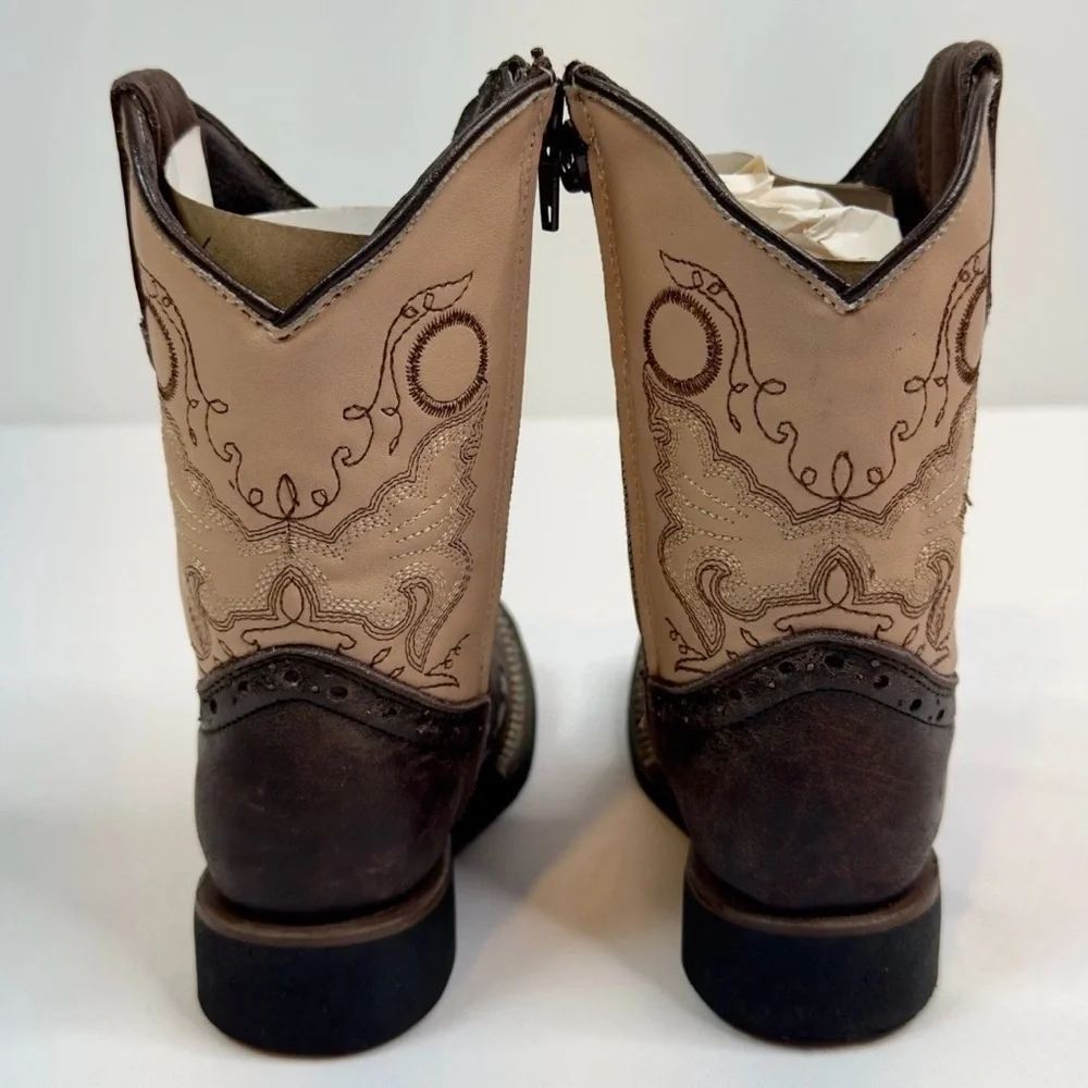 Kids White Diamonds Boots Square Toe Zipper Brown Beige Embroidered